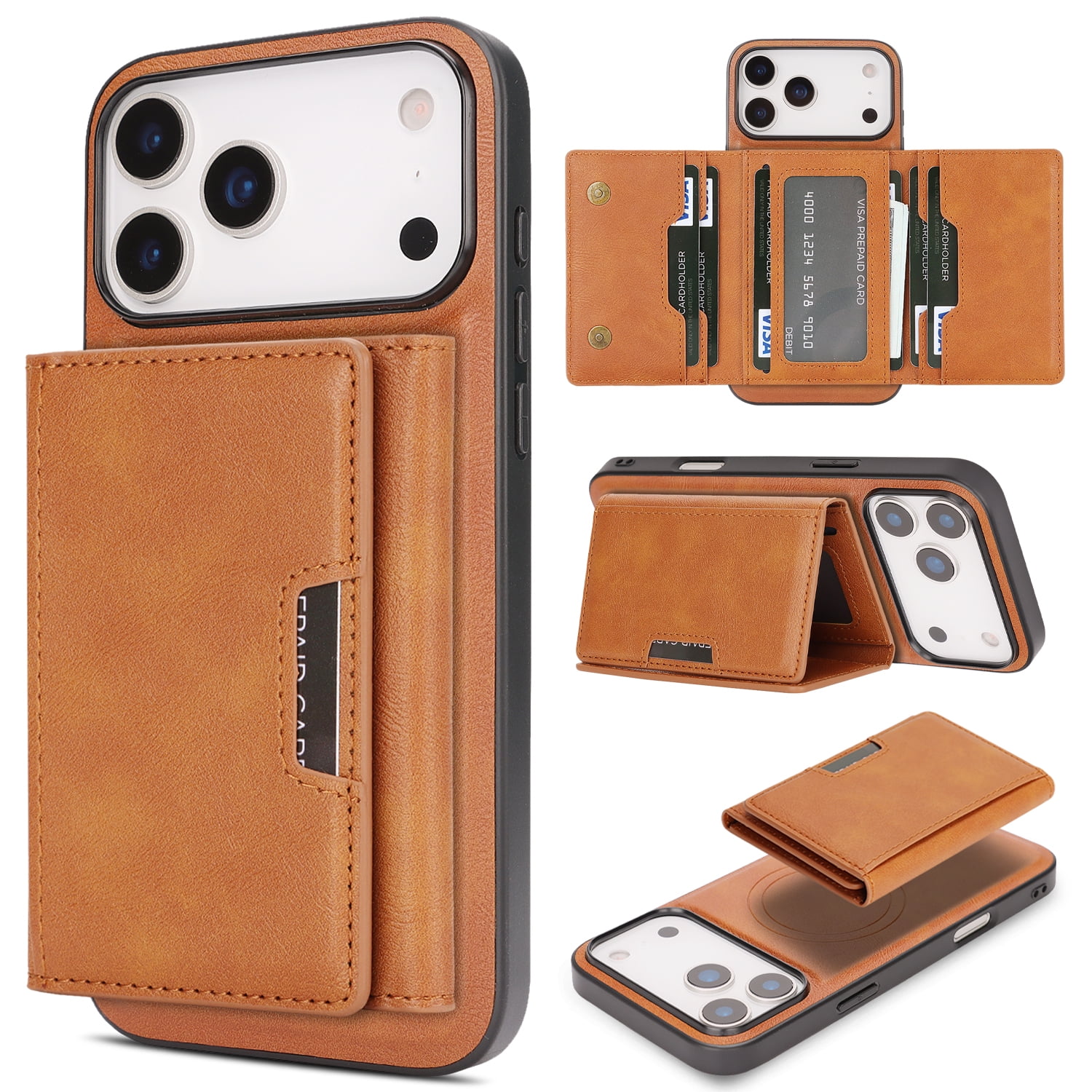 ELEHOLD For iPhone 17 Pro Max Magnetic Wallet Case, Compatible Mag-Safe Accessories, with Magnetic Detachable Credit Card Holder, Shockproof PU Leather Kickstand Function Case Cover, Brown