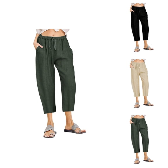 Capri Pants for Women 2026 Summer Elastic High Waist Drawstring Straight Leg Loose Casual Cropped Pants with Pockets