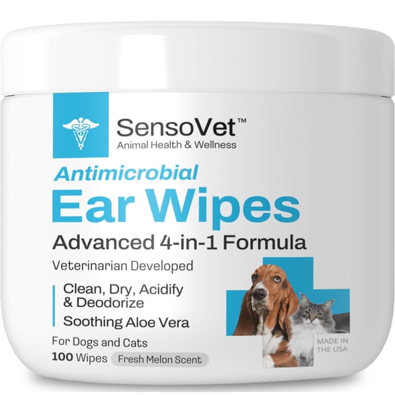 SensoVet Dog Ear Wipes for Dogs & Cats, 100 Count, Ear Cleaning Wipes with Aloe Vera