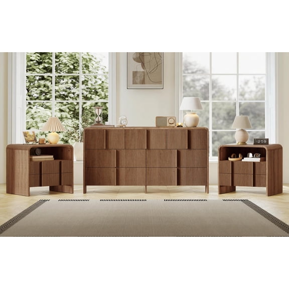 VanAcc 3-Piece Modern Fluted Bedroom Set with 62" 7-Drawer Dresser and 2 Nightstands, Walnut