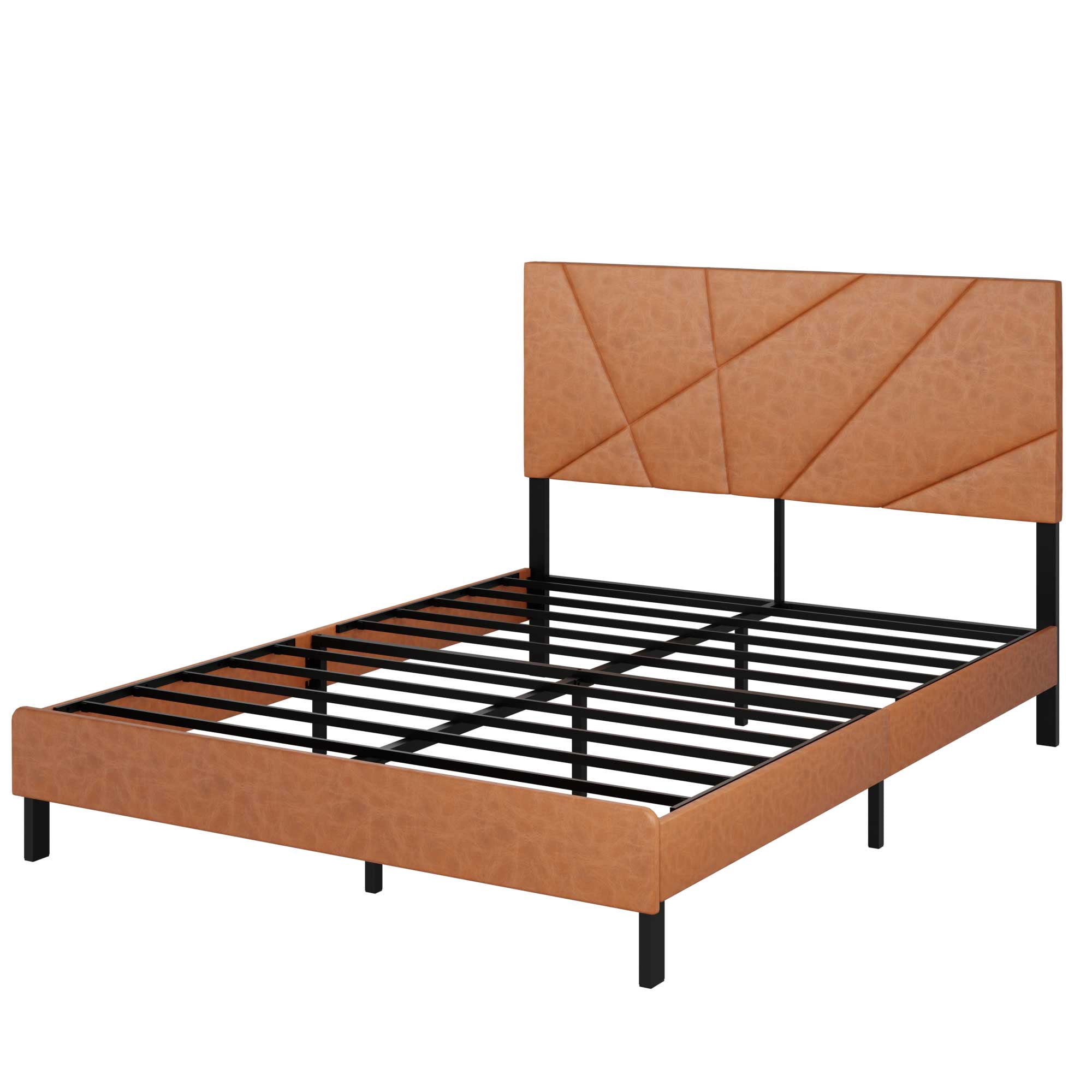 Miniyam Queen Size Upholstered Platform Bed with Faux Leather Headboard for Adult, Metal Slats, Brown