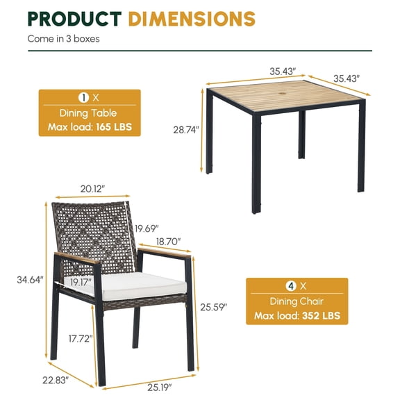 Outdoor Patio Dining Set for 4 with Umbrella Hole, All Weather Wood Table and Rattan Chairs, Dark Brown Coffee Furniture Set