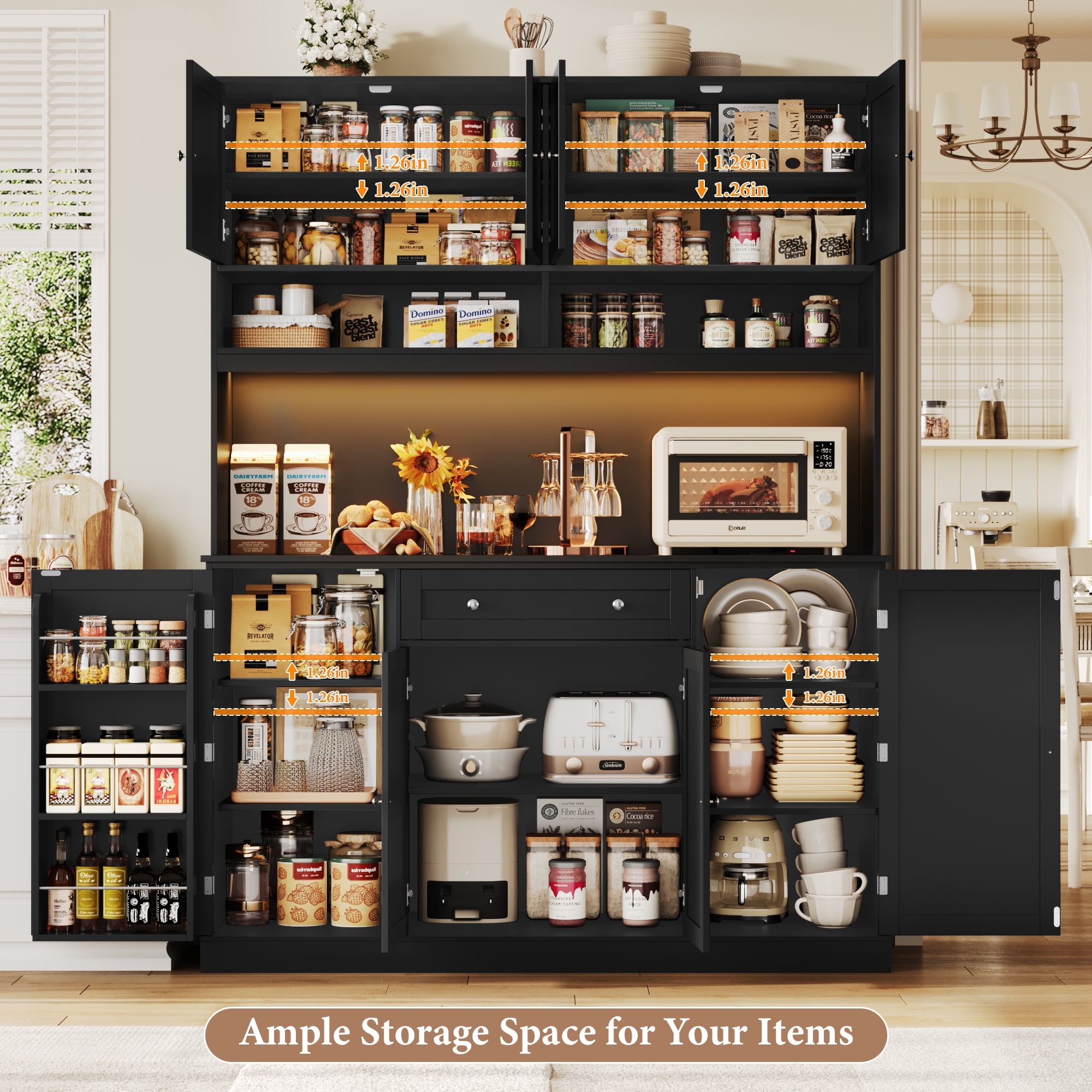 Homfa 72.8'' Tall Kitchen Pantry Cabinet with LED Lights & Charging Station, 8 Doors Storage Cabinet with Drawers & Shelves & Countertop, Kitchen Hutch with Adjustable Shelves for Dining Room, Black