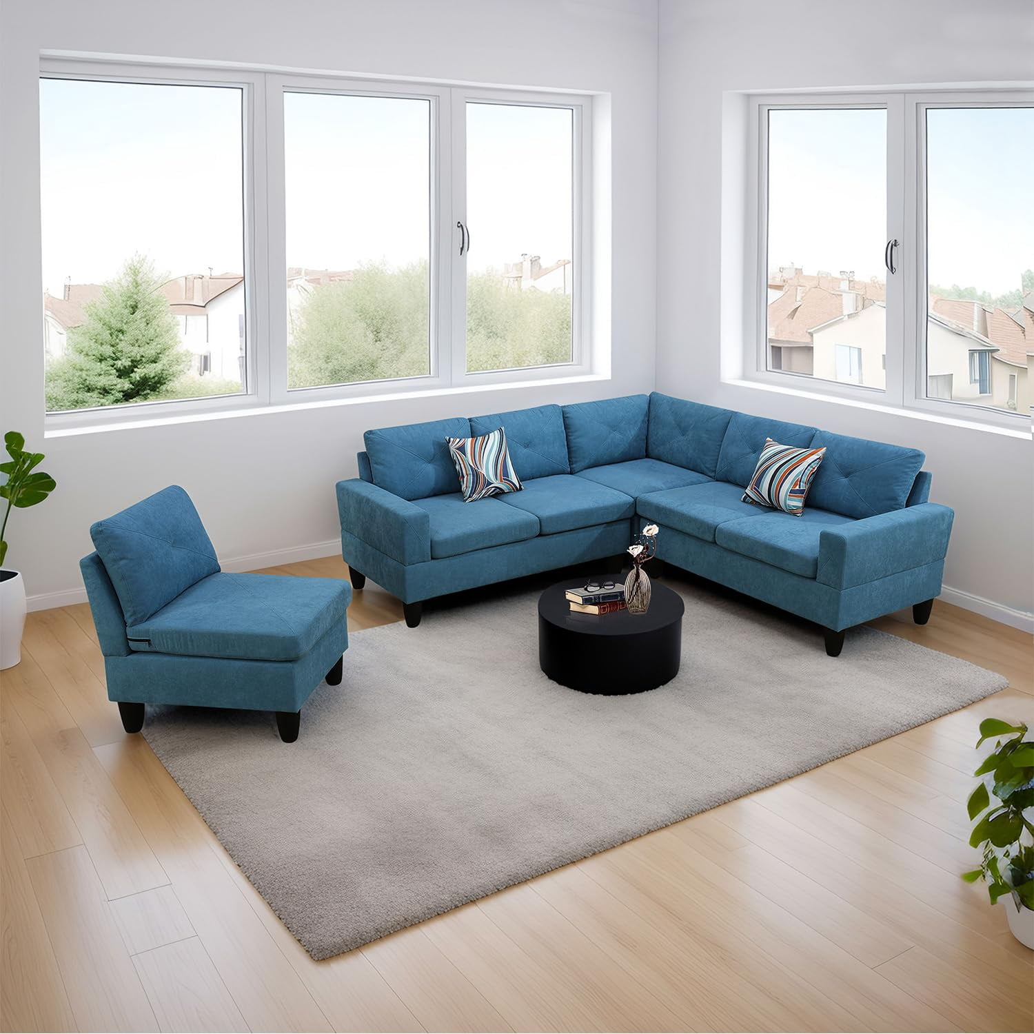 4-Piece Couch Living Room Sofa Set, 6 Seater Modular Sectional Couch L Shaped Corner Sofa, Lake Blue