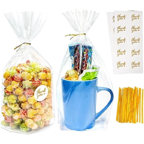 7"x 12", 100Pcs Bottom Gusset Bags, with Twist Ties and Thank You Sticker for Gift Wrapping, Wrapping Candies, Cookies, Chocolates, Popcorn