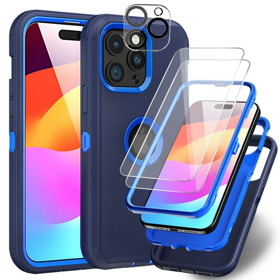 Xhy iPhone 15 Pro Max Case with Screen and Lens Protector Military Grade Heavy Duty 3 in 1 Shockproof Armor for iPhone 15 Pro Max 6.7 inch 2023 Phone - Dark Blue Blue