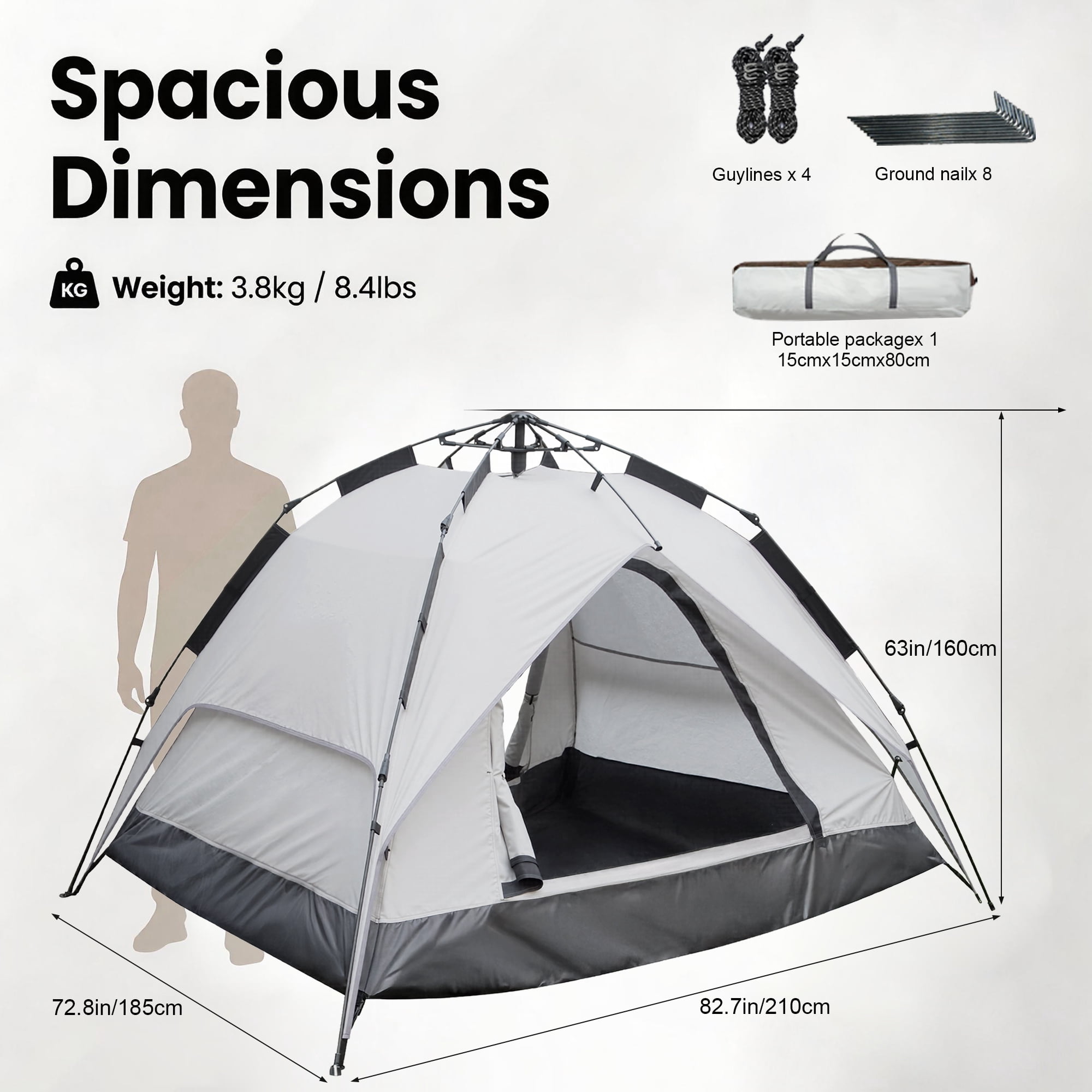 XL Instant Easy Pop Up Tents 3-Person Camping Tent Beige, Plug and Play Tent, Fully Automatic Waterproof Family Camping Tent, Detachable Canopy Tent, Suitable for Beach Camping and Hiking