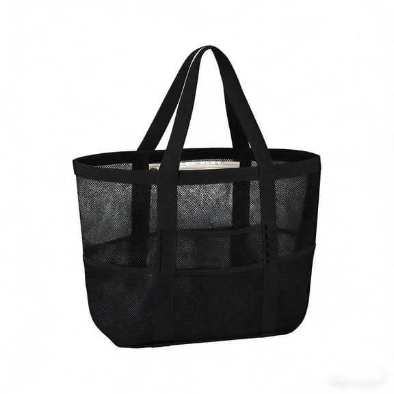 Jubipavy 16.92"×15.35"×6.29" Large Capacity Mesh Beach Tote Bag, Polyester Storage Tote with Multiple Pockets for Beach Gear