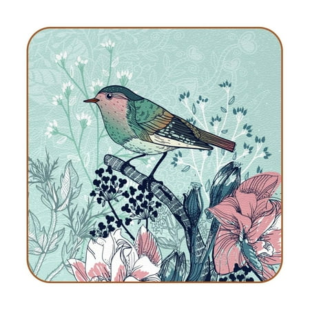 

OWNTA Chinese Sparrow Flower Blue Pattern Premium 6-Piece Square Coaster Set in Microfiber Leather - Non-Slip & Absorbent Cup Mats