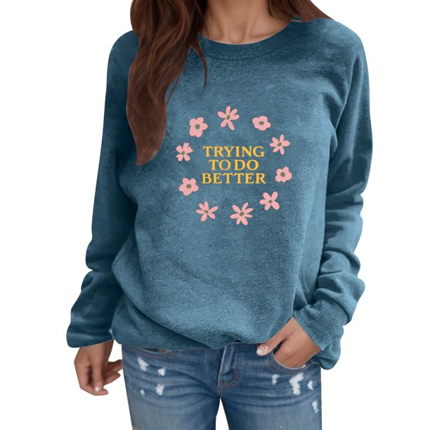 Gibobby Sudadera mujer Sudadera de manga larga con estampado gráfico de letras y cuello redondo para mujer(Azul,XL)