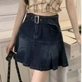 thumbnail image 5 of RUTAYY Women Denim A-Line Mini Skirt Casual Pleated Skater Skirt For Summer Daily Wear And Outings Comfortable Stretchy Waistband Solid Color Smocked Boho Pleated Skirts, 5 of 5