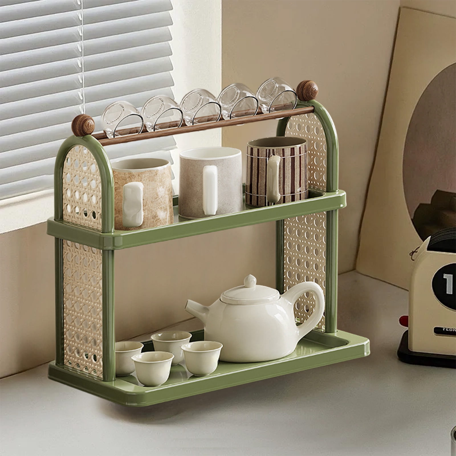SHENGXINY Desk Organizer, Multi-Layer Desktop Organizer Shelf & Rack, Cup Tea Storage Holder, Multi-Function Organizer for Kitchen Desktop Green 14.02x13.19x7.95in