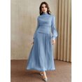 thumbnail image 5 of Baby Blue Ruched High Neck Long Sleeve Maxi Dress For Women, 5 of 30