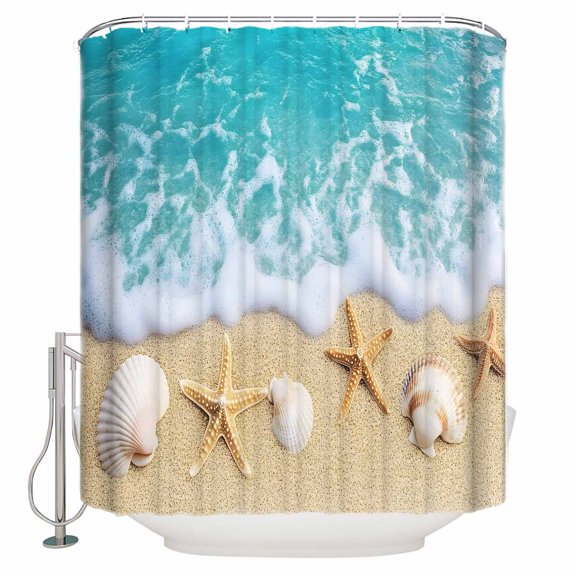 Small Stall Shower Curtain 48x72 Inch Narrow Half Size Ocean Beach Bath Curtains Bathroom Decor Starfish Shell Sand Coastal Summer Blue Brown Waterproof Fabric Shower Curtain Set with Hooks 48 Inch