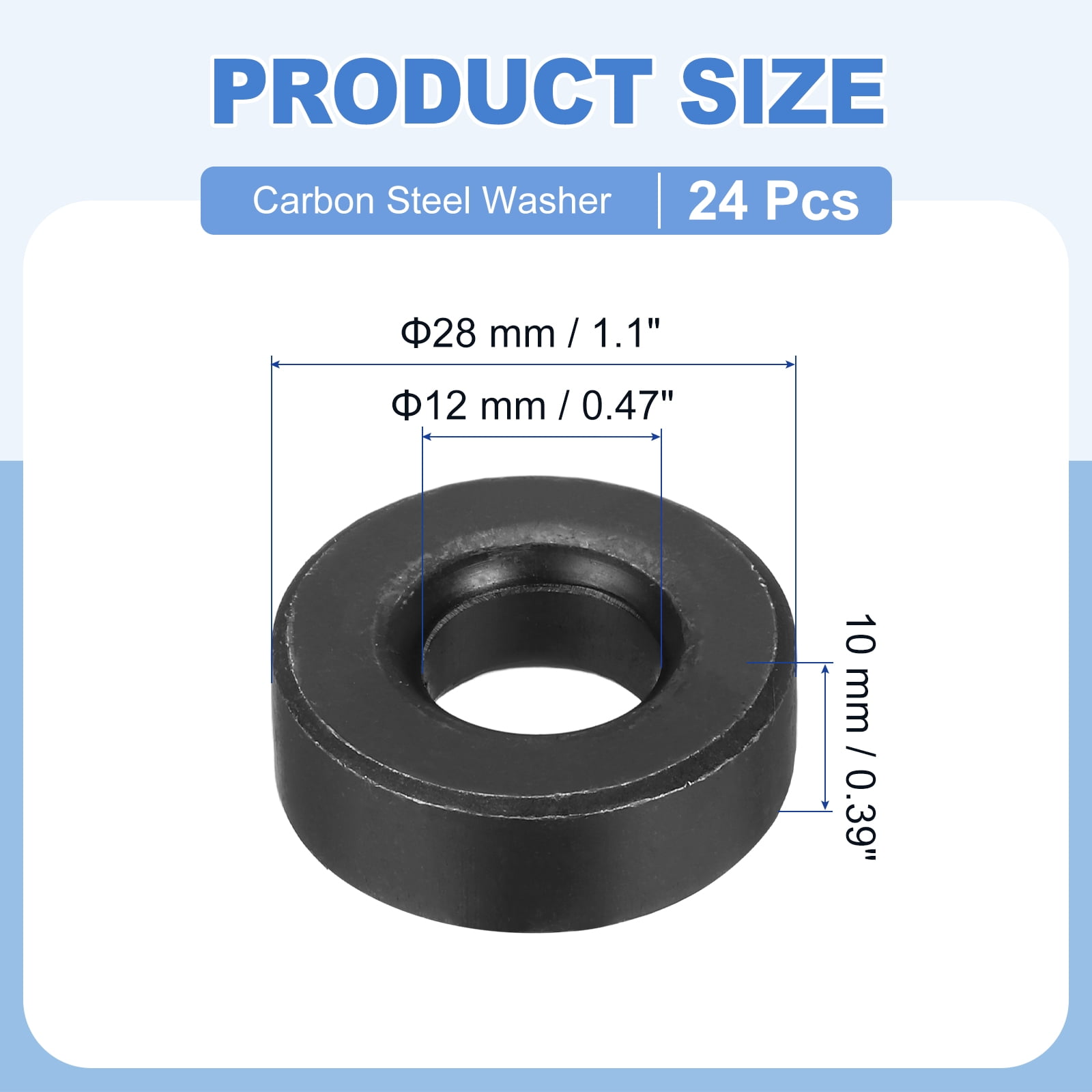 Uxcell 24pcs 1/2" Black Flat Washer for M12 Screw, Steel Metal Washers 12mm ID 28mm OD 10mm l for Industrial, Screws Bolts