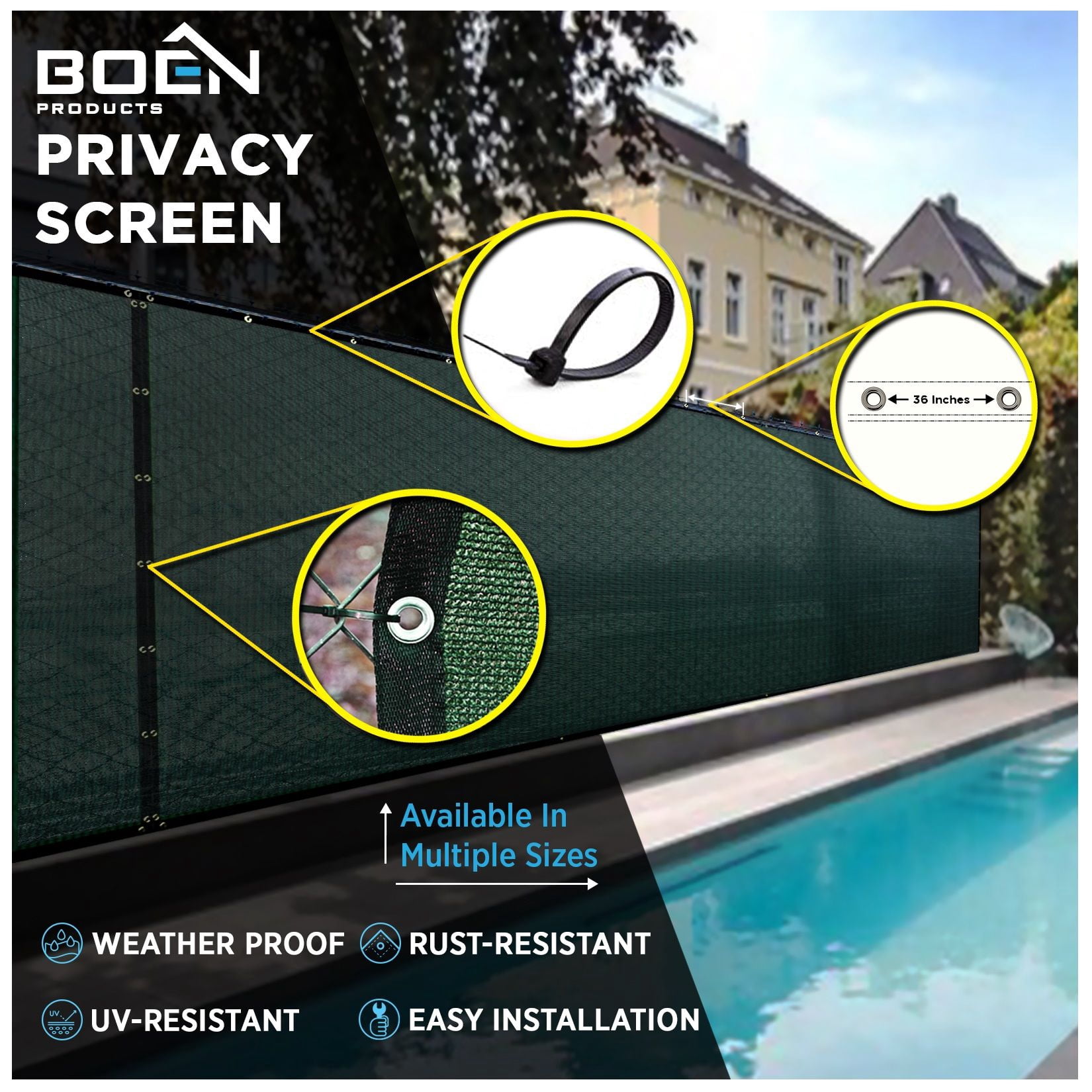 BOEN Privacy Fence Screen Netting, 4 ft x 50 ft, Green, Reinforced Grommets, Outdoor Mesh Cover