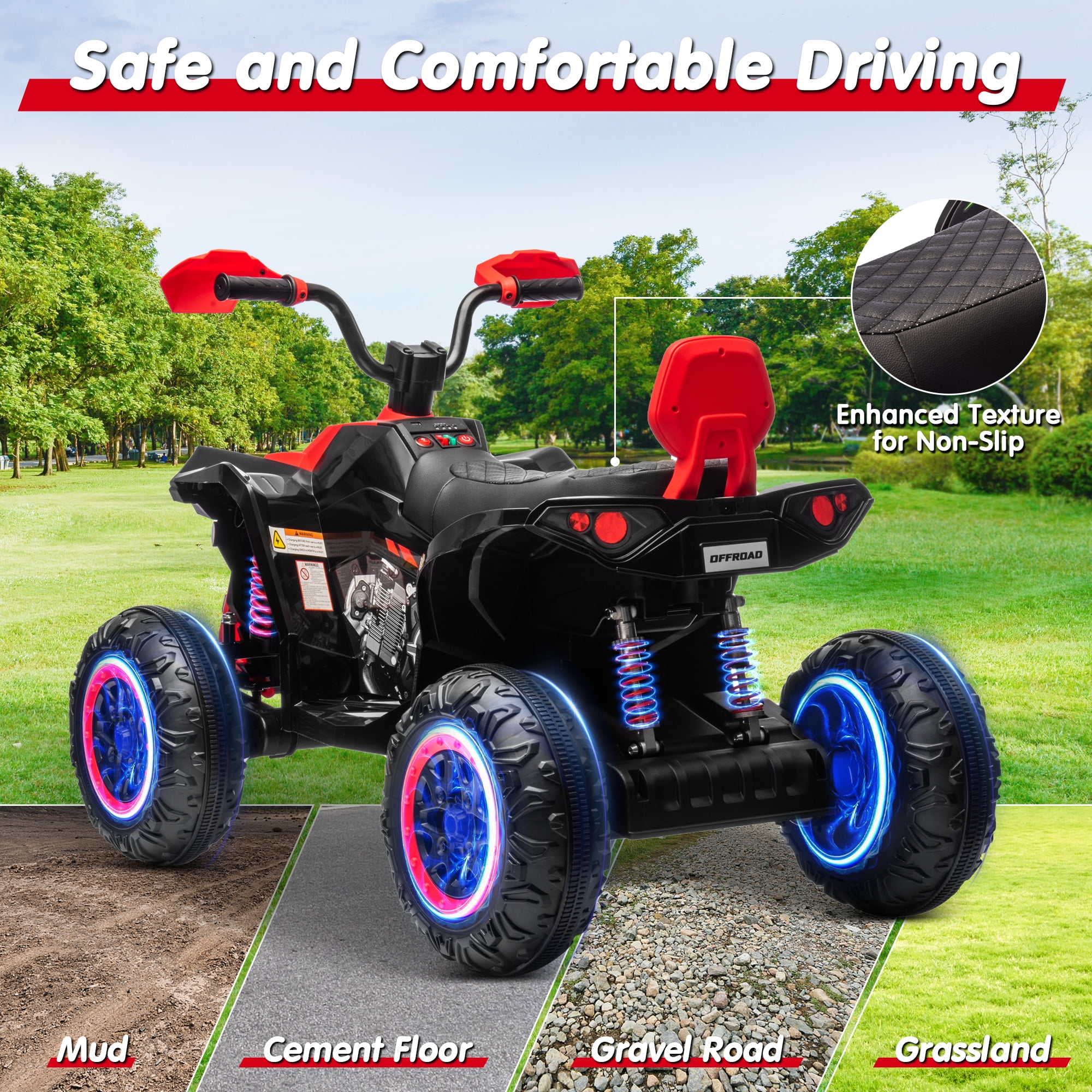 Joyracer 4WD 24V 2-Seater Kids Ride on Toy, 4×200W Motors, 9AH Battery Powered Electric 4-Wheeler ATV w/ Kneepads, Music, Red