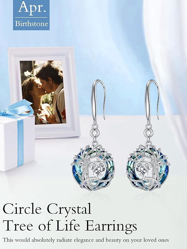 JKR Tree of Life Birthstone Earrings for Women 925 Sterling Silver Family Tree Dangle Earrings Austrian Crystal Jewelry Birthday Gifts for Her Girlfriend Wife Mom