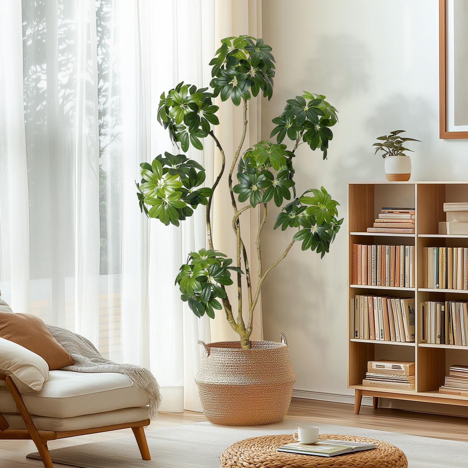 5ft Artificial Umbrella Schefflera Tree - Faux Plant in White Planter, Multi-Trunk Indoor/Outdoor Fake Tree for Home/Office/Porch Decor
