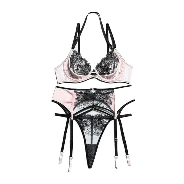 Conjunto de lencería con tirantes para mujer, sujetador con aros, liguero, malla sin espalda, ropa de dormir con tiras