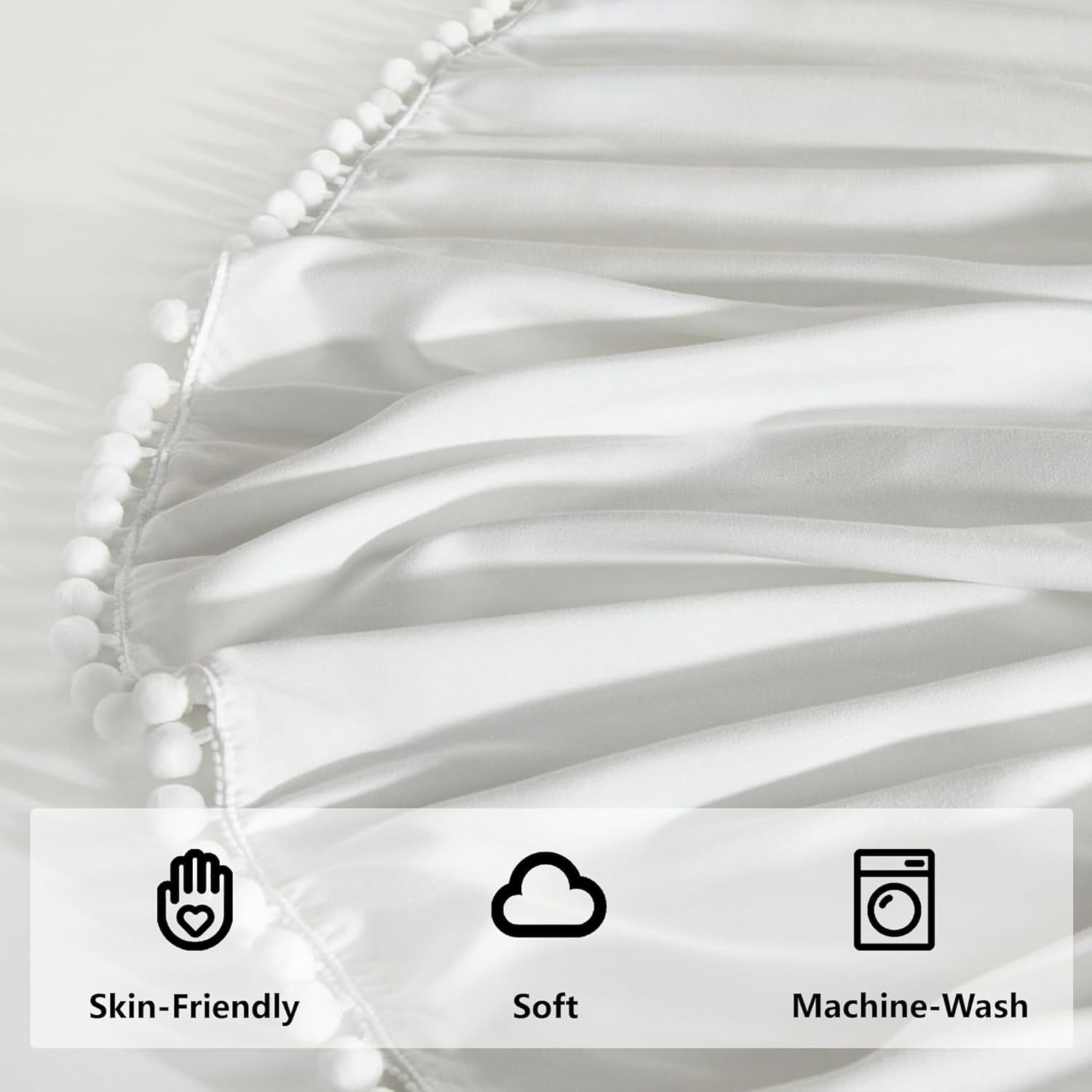 Ruffled Crib Skirt with Pompoms:Crib Bed Skirt with 14" Drop,Mini Crib Bedding Toddler Skirt,Baby Crib Accessories for Baby Boys Girls,28" X 52" (White)