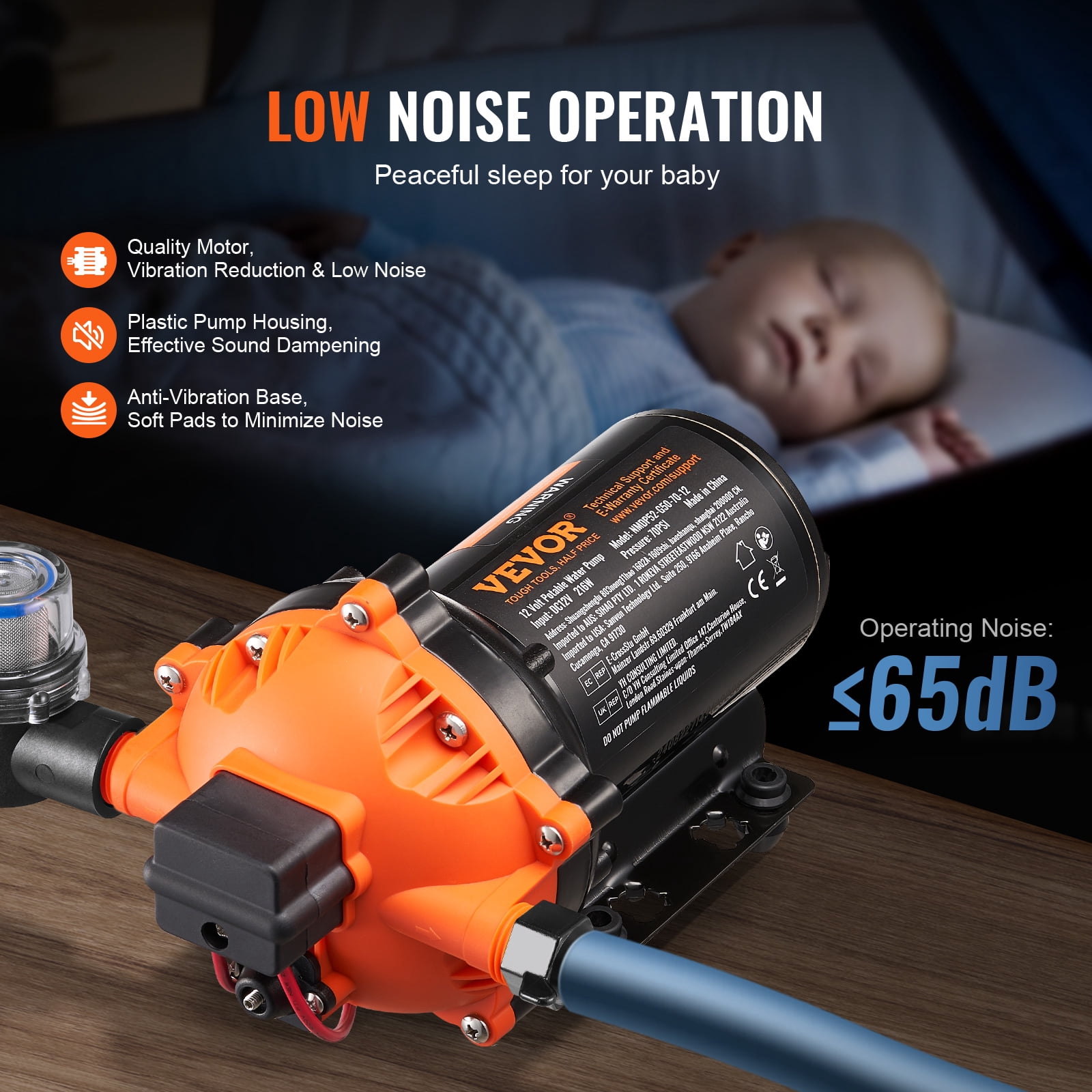 VEVOR 12V Diaphragm Pump, 5 GPM (18.93 L/min), 5-Chamber 12V DC Water Pump with Automatic Pressure Switch 40-100 PSI Adjustable, 1/2'' MNPT Port,for Agricultural Irrigation Construction Site Drainage