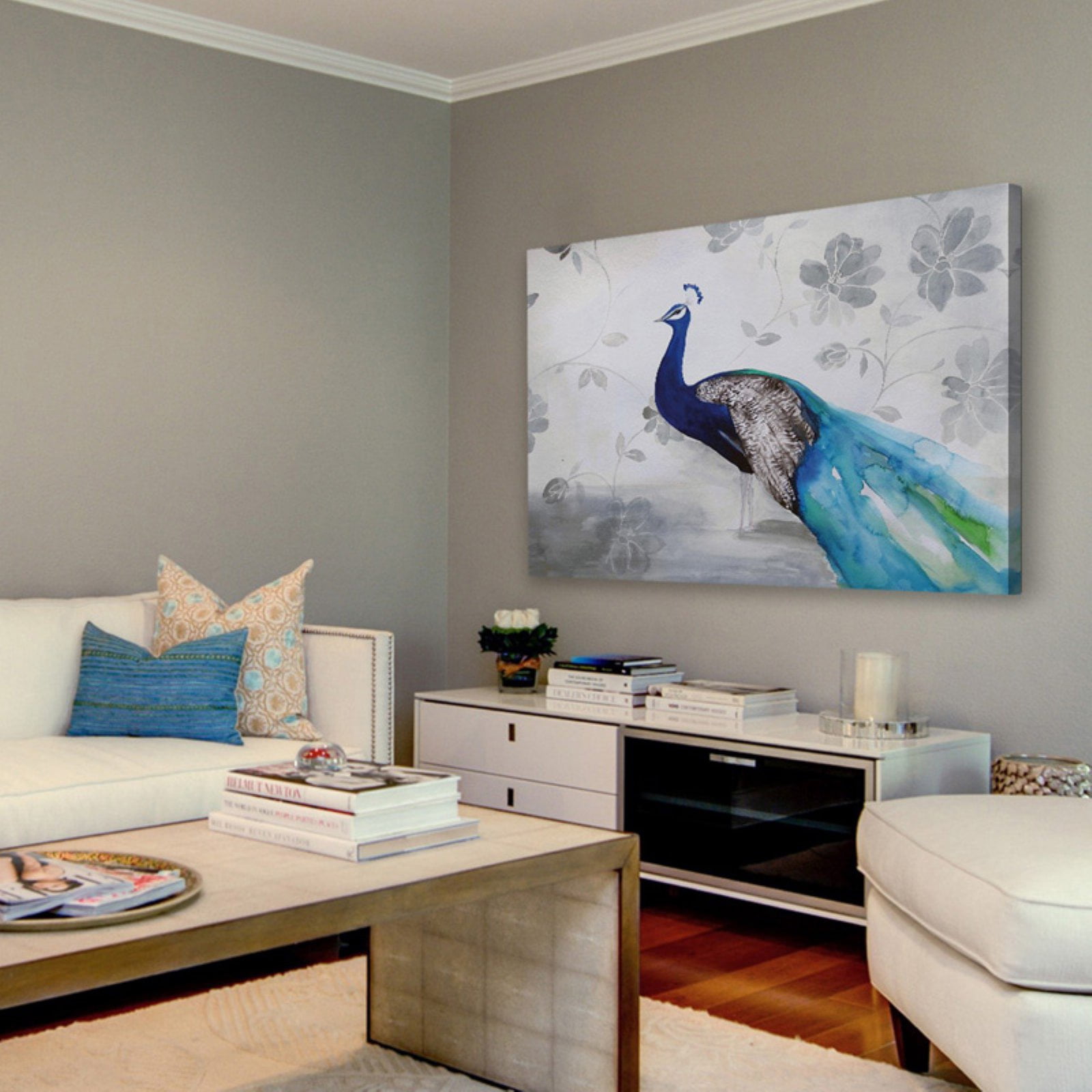Marmont Hill "Peacock Fable Cool" by Christine Lindstrom Painting Print on Wrapped Canvas