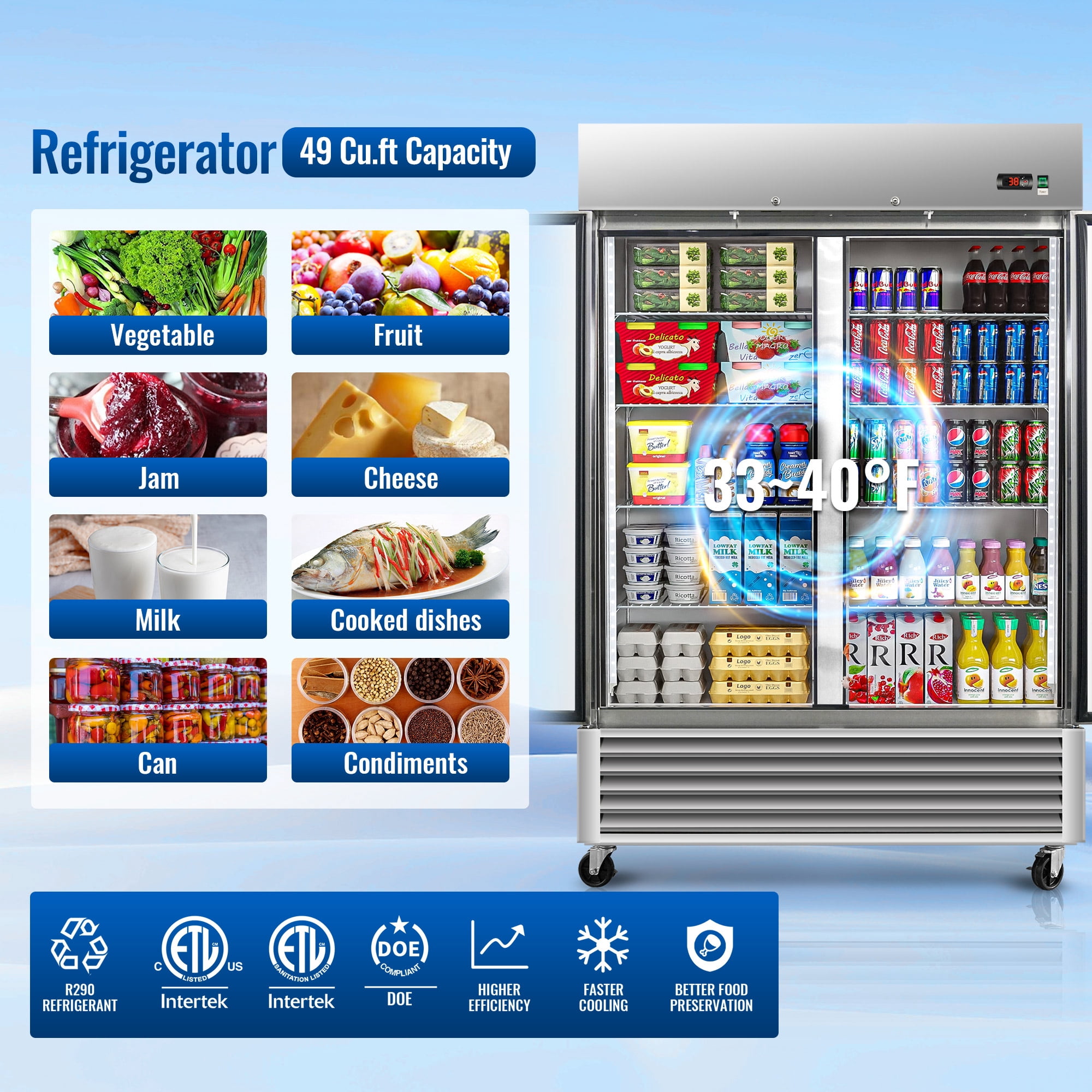 54" Commercial Expandable Upright Refrigerator, Double Door Stainless Steel, 49 Cu.Ft., 6 Adjustable Shelves, Auto Defrost, Digital Thermostat, LED Lighting