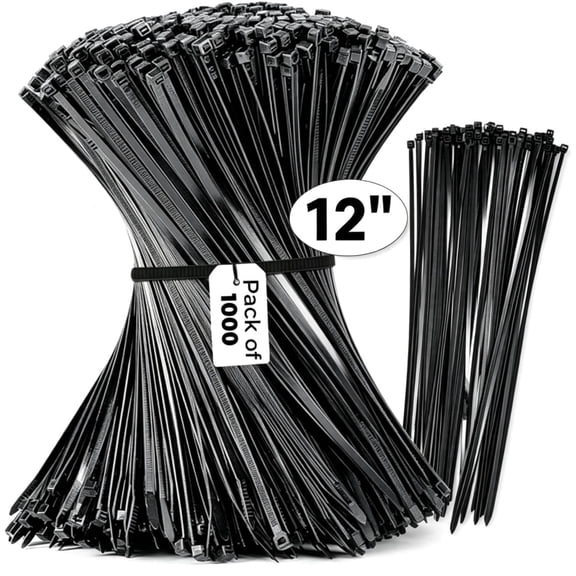 12 Inch Zip Cable Ties (1000 Pieces) with 40 lb Tensile Strength, Black Cable Ties, Self-Locking Premium Nylon Cable Wire Ties for indoor and outdoor