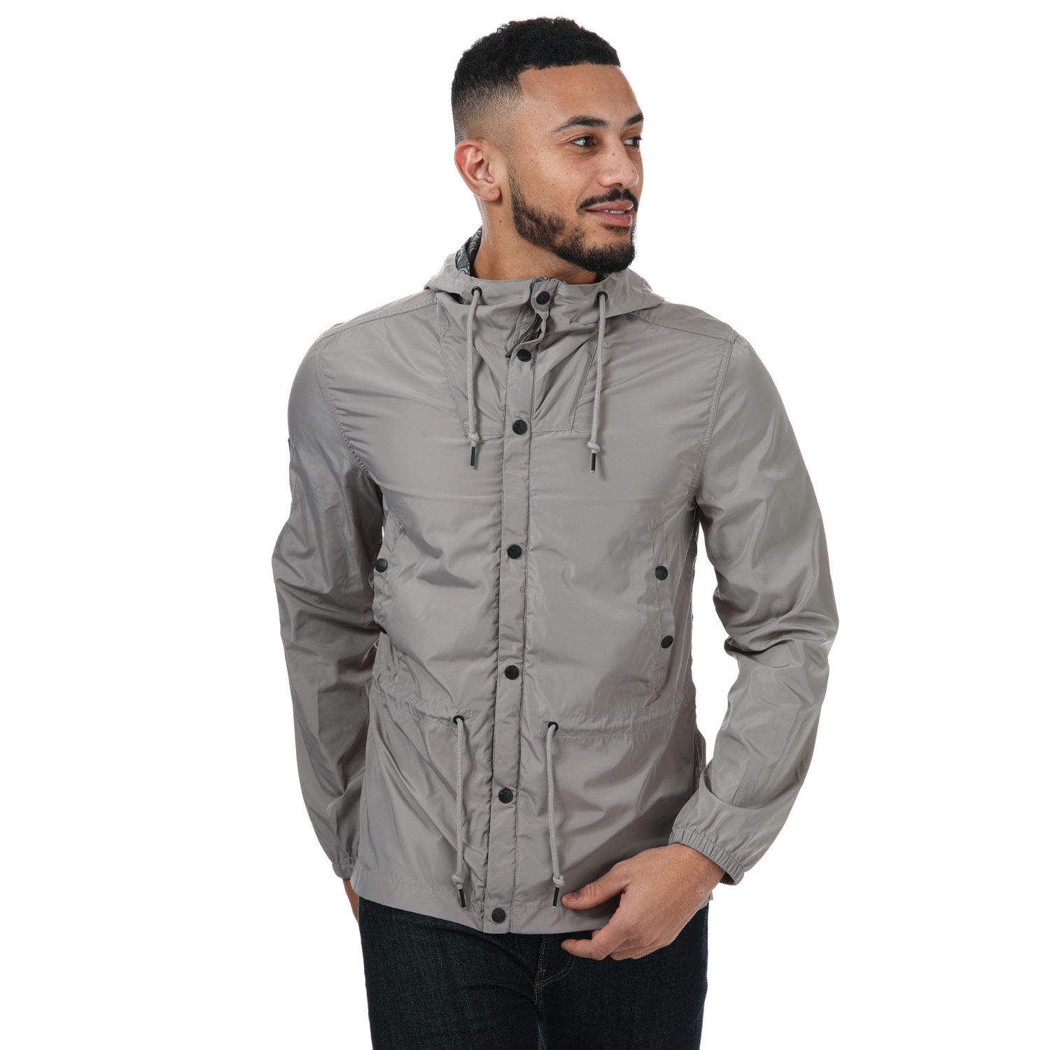 Men s Pretty Green Zip Through Nylon Hooded Jacket in Grey