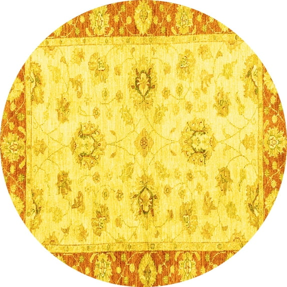 Ahgly Company Machine Washable Indoor Round Oriental Yellow Traditional Area Rugs, 5' Round