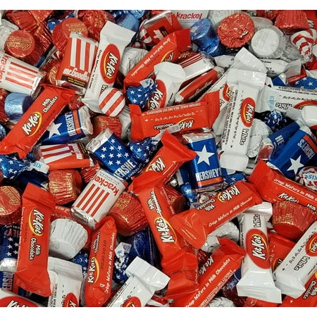 Patriotic USA Flag Colors Hershey Chocolate Candy Assortment - Kisses USA Flag, Hershey's Miniatures, KitKat Miniatures, Reese's Peanut Butter Cup, Blue Rolo Chewy Caramel, Bulk 3 Pounds
