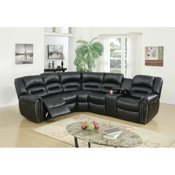 Reclining Motion Home Theater Sectional w Console Living Room Movie Family Bonded Leather Black Color
