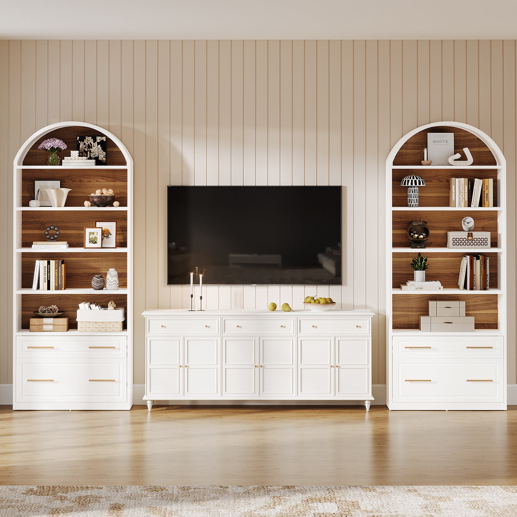 Finmind 77" Tall Arched Bookcase Set of 2, 5-Tier Modern White Bookshelf with File Cabinet Drawer