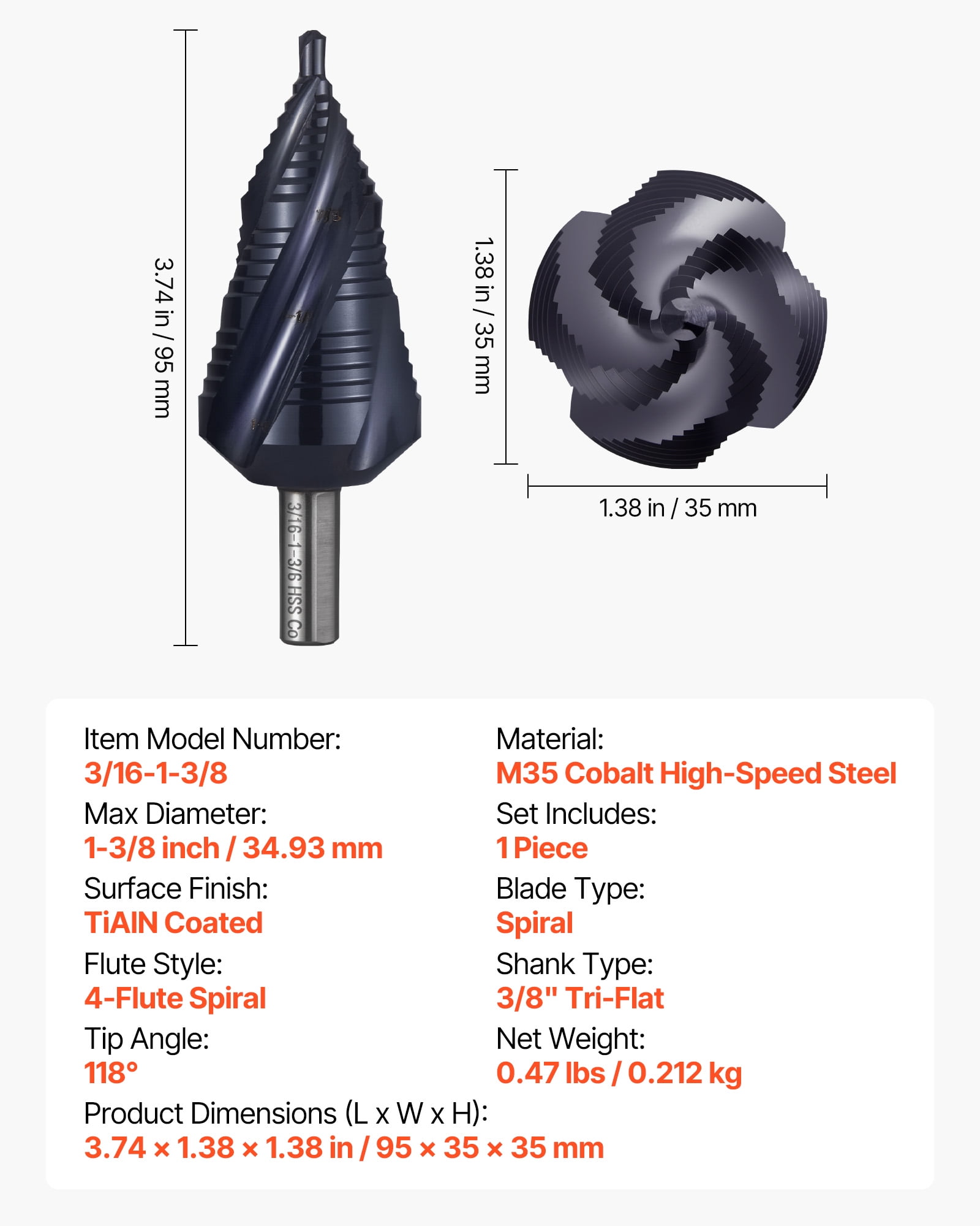 VEVOR Step Drill Bit, 3/16 to 1-3/8 inch, 3/8 inch Triangular Shank, TiAlN Coating Cobalt High Speed Steel, Four Spiral Flute Step Bit for Metal, Stainless Steel, Aluminum, Wood, Plastic, Fiberglass