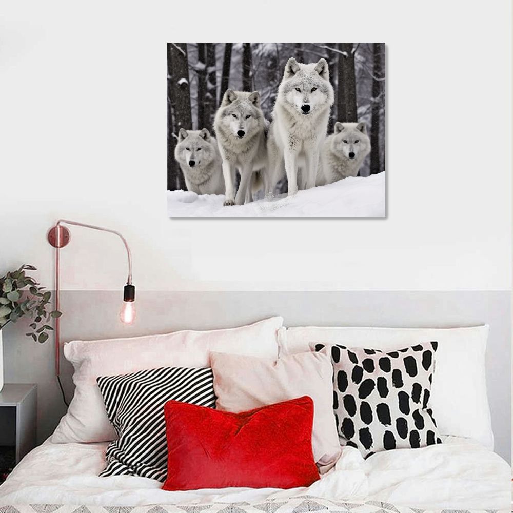 COMIO  Snow Wolf Canvas Wall Art - Wolf Family Sit on the Snowfield Painting Wild Animals Winter Forest Artwork Picture for Children Rooms Office Kitchen