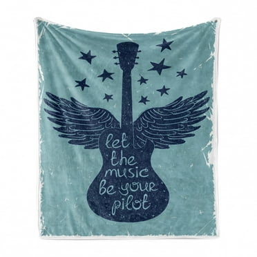 Music Soft Flannel Fleece Throw Blanket, Let the Music Be Your Pilot Words Winged Electronic Guitar and Stars Retro Print, Cozy Plush for Indoor and Outdoor Use, 50" x 60", Dark Blue, by Ambesonne