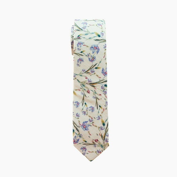 Ivory Floral Pattern Skinny Necktie, Men's Wedding Tie