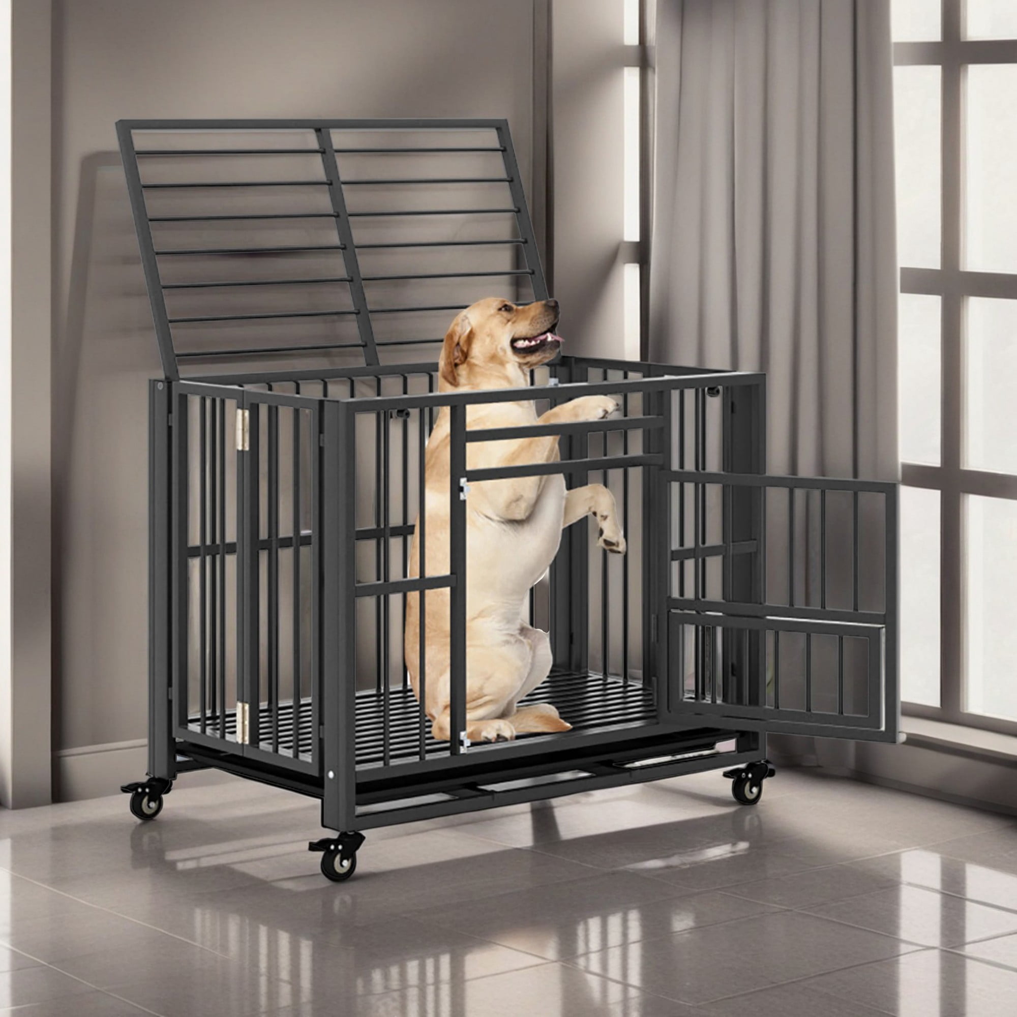 Pefilos 37" Foldable Heavy Duty Dog Cage, Metal Escape Proof Kennel, Chew-proof Dog Crates for Medium Dogs with Tray, Black