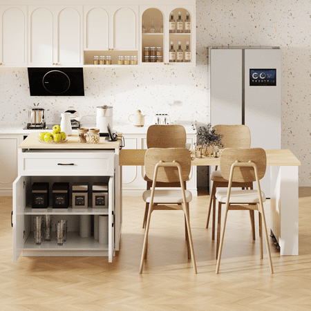 82.7 inch Kitchen Island with Extendable Dining Table for 4-6 Person Two-tone Kitchen Table with Double-sized Storage Power Outlet Kitchen island with Storage 2 Drawers 2 Side Open Shelves White