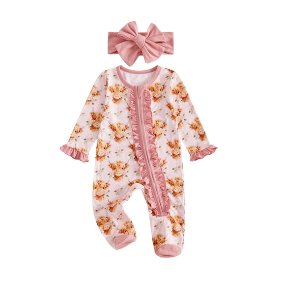 Cjfdfy Newborn Baby Girl Western Footed Romper Highland Cow Print Ruffle Long Sleeve Zip Up Footed Romper And Headband Infant Cute Coming Home Fall Winter Outfit 0-12M