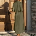 thumbnail image 5 of Cotton Linen Shirt Dress for Womens Pleated Button Long Dress Long Sleeve A-line Loose Swing Dress with Pockets Army Green M, 5 of 7