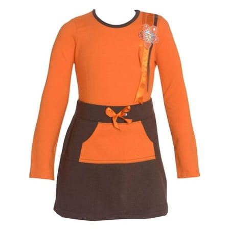 Floral Outfit Girl - No Fuze Little Girls Orange Brown Floral Adorned Top 2 Pc Skirt Outfit 2T