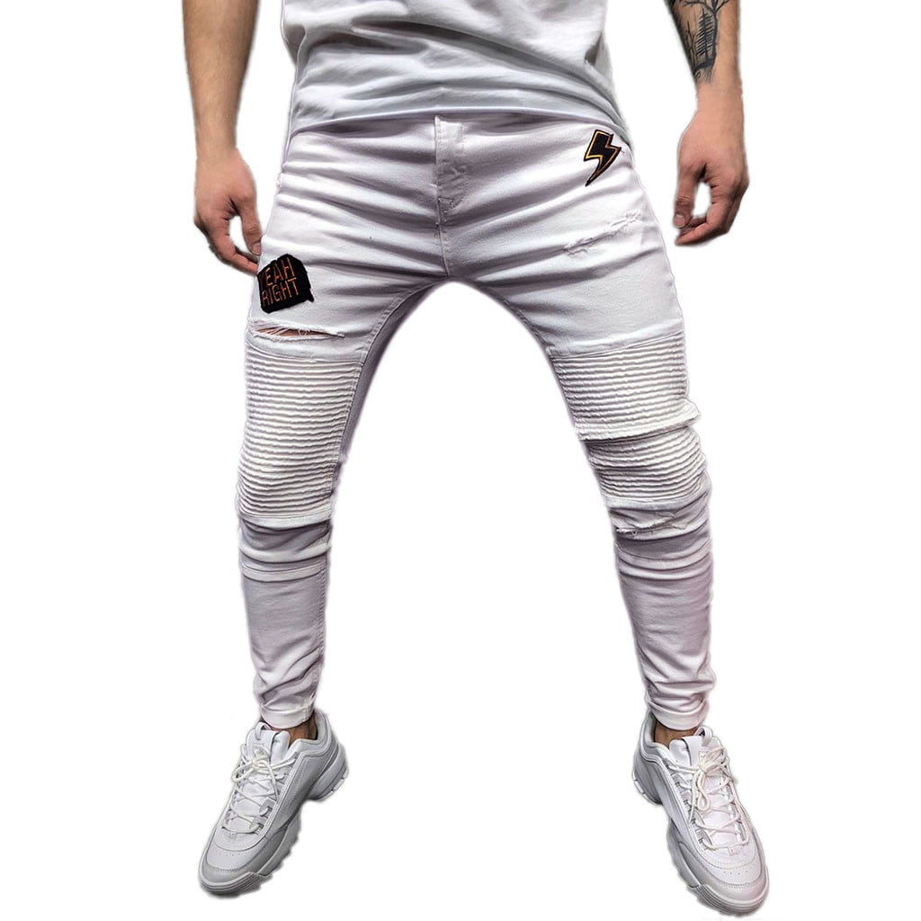 Labakihah mens jeans Mens Skinny Stretch Denim Pants Pleated Ripped
