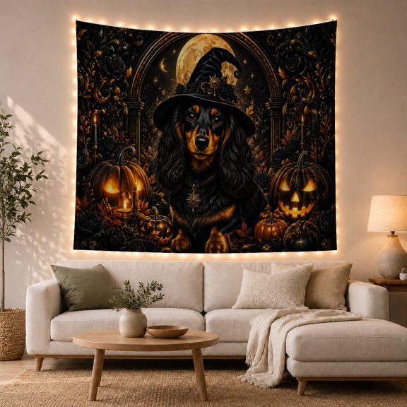 Gothic Witch Dachshund with Pumpkins and Roses on Dark Archway, Moody Gothic for Animal Lovers, Mystical Dog Art Decor, Halloween Gift Tapestry Wall Hanging for Bedroom and Living Room