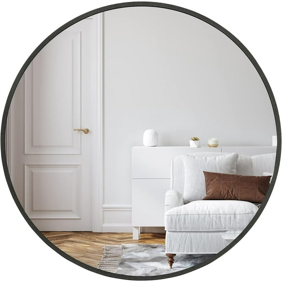 Nmkwnr 32 Inch Metal Frame Vanity Mirror Round Wall Mirror for Bathroom, Living Room, Black