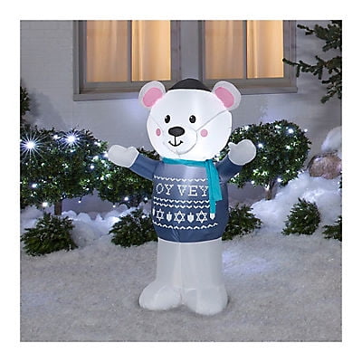 Gemmy 4' Hanukkah Inflatable Polar Bear in Blue Fair Isle Sweater