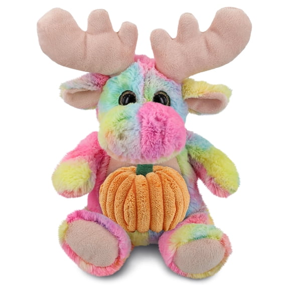 DolliBu Super Soft Plush Rainbow Moose Stuffed Animal with Pumpkin Decor - Pumpkin Plush Animal for Fall, Halloween and Thanksgiving, Pumpkin Toy for Baby, Kids, Adults - 9 Inches