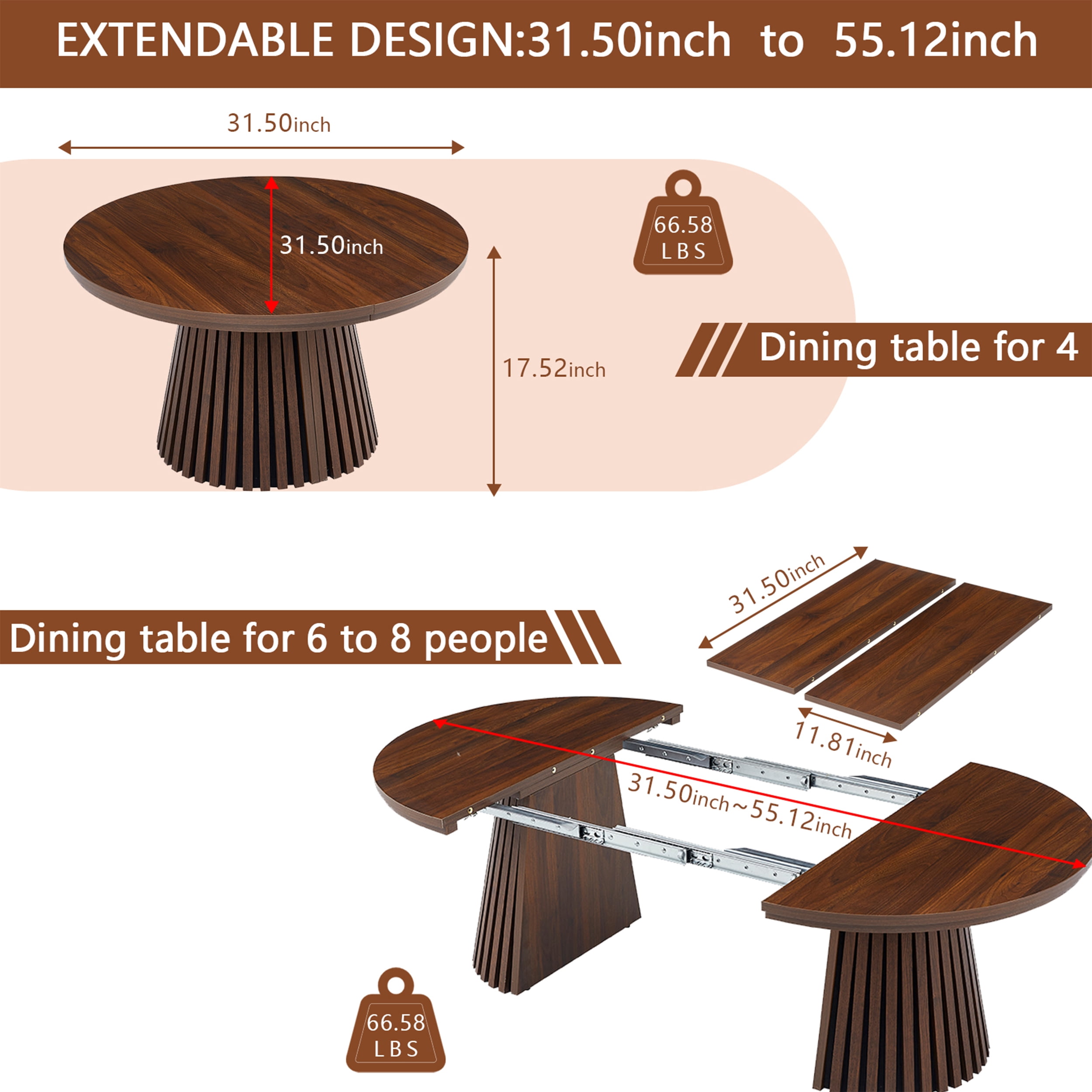 Extendable Round Coffee Table 55.12 Inch, Walnut Wooden Oval Table with Slatted Legs for Living Room Office, Walnut