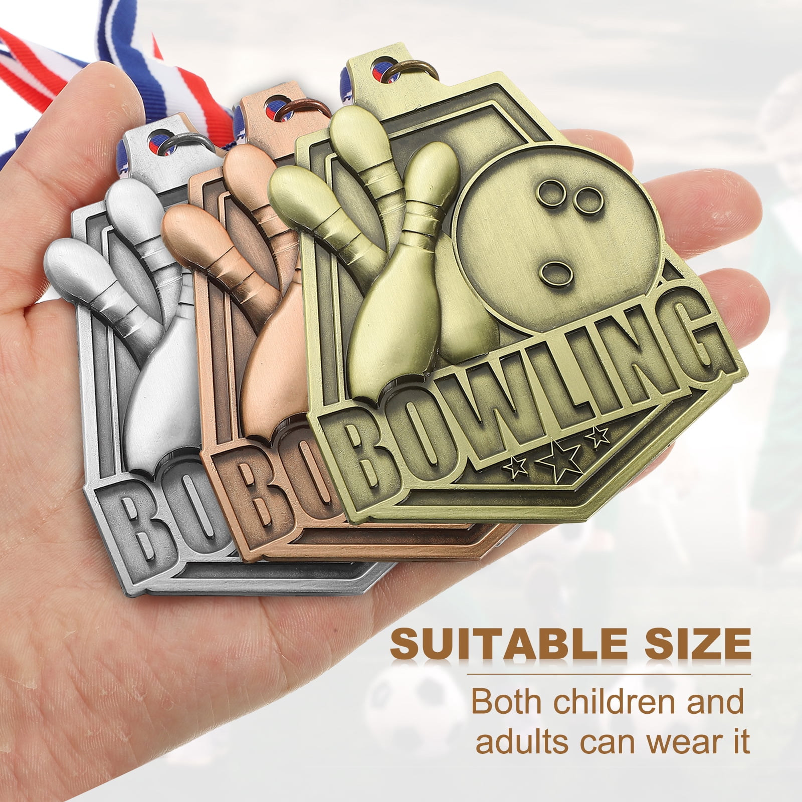 Uxcell Bowling Games Embossing Gold Silver Bronze Award Medals with Red & White & Blue Ribbons, 9 Pcs Winner Medals Prizes for Competitions Sports Party, Gold/Silver/Red